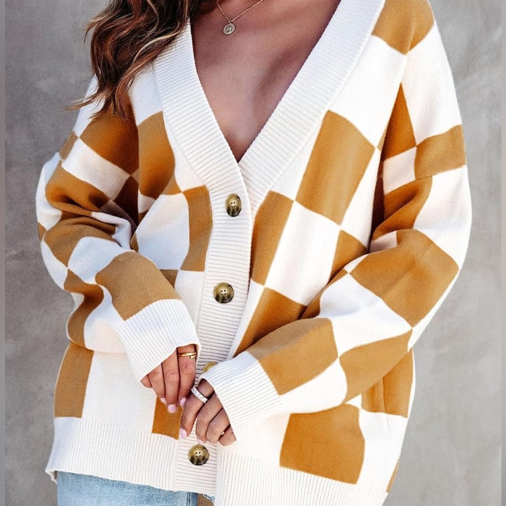 Burnt Orange Checkered Cardigan
